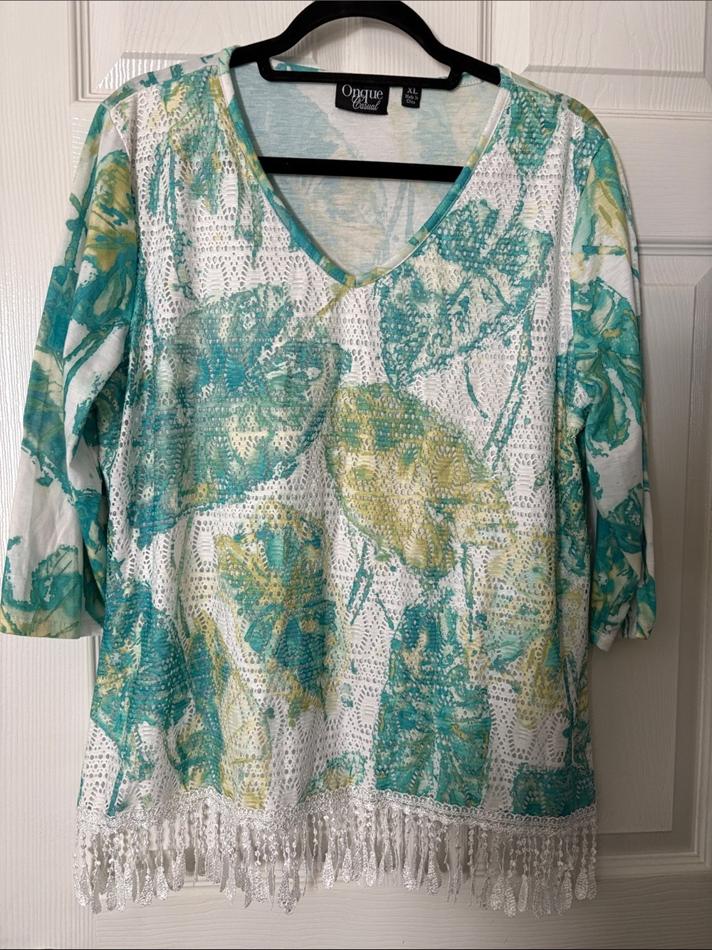 Onque Casuals Teal and Yellow V-Neck Fringe Hem Tunic